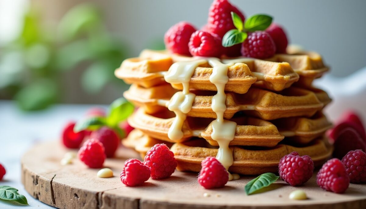 Délice gourmand : Gaufres moelleuses au chocolat blanc, framboises fraîches et basilic, la recette express